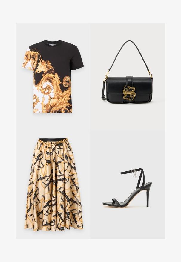 T-shirt noir et blanc à manches courtes avec des motifs tourbillonnants baroques dorés et des éclaboussures couvrant le devant et la manche gauche.; Jupe plissée beige avec imprimé chaîne noire et or, ceinture noire à la taille et ceinture décorative en chaîne dorée.; Sandale à talon haut noire avec une bride étroite à la cheville, bout carré, cuir lisse et accent de boucle métallique.; Sac à bandoulière en cuir noir avec fermoir double serpent en or et plaque logo "Just Cavalli" sur le rabat avant.