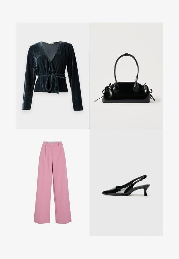 Top envolvente de terciopelo en verde oscuro, con un profundo escote en V, mangas largas y un cinturón atado en la cintura. Textura suave con un ligero brillo.; Pantalones anchos rosas con pliegues delanteros, cinturilla con trabillas y cierre delantero oculto.; Zapatos de charol negro tipo slingback con punta afilada y tacón bajo. Correa ajustable con hebilla en el tobillo.; Pequeño bolso negro brillante con dos asas largas y detalles de cordón lateral sobre un fondo claro liso.