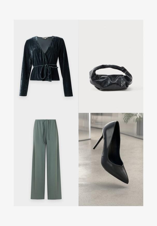 Top envolvente de terciopelo en verde oscuro, con un profundo escote en V, mangas largas y un cinturón atado en la cintura. Textura suave con un ligero brillo.; Pantalones cómodos de color verde salvia, de corte suelto, con cintura elástica y cordón ajustable, de pierna ancha y recta, presentados sobre un fondo liso.; Zapato de tacón alto de cuero negro con punta afilada, diseño elegante y sin herrajes visibles. Textura suave y estilo minimalista.; Bolso negro hecho de un material brillante y texturizado con un asa circular retorcida y un cierre de cremallera. Presenta un diseño suave y arrugado.
