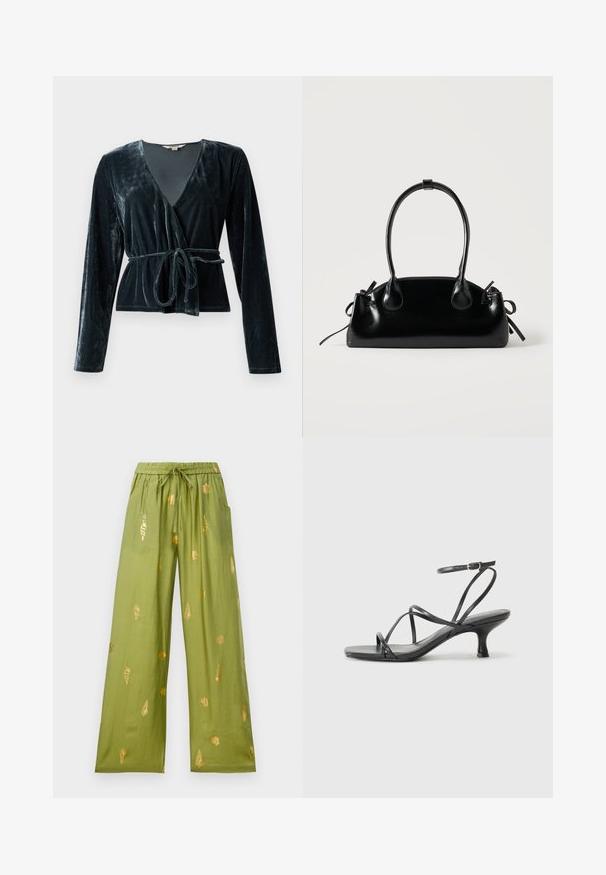 Haut en velours de couleur vert foncé, avec un décolleté en V profond, des manches longues et une ceinture à nouer à la taille. Texture lisse avec un léger reflet.; Pantalons larges olive avec taille élastique et cordon de serrage, décorés de motifs en or de coquillages et de conques.; Sandales noires à talons avec des fines lanières, un design ouvert à l'avant et un petit talon évasé. Le matériau semble lisse et brillant.; Petit sac à main noir brillant avec deux longues anses et des détails à cordon sur les côtés sur un fond clair uni.