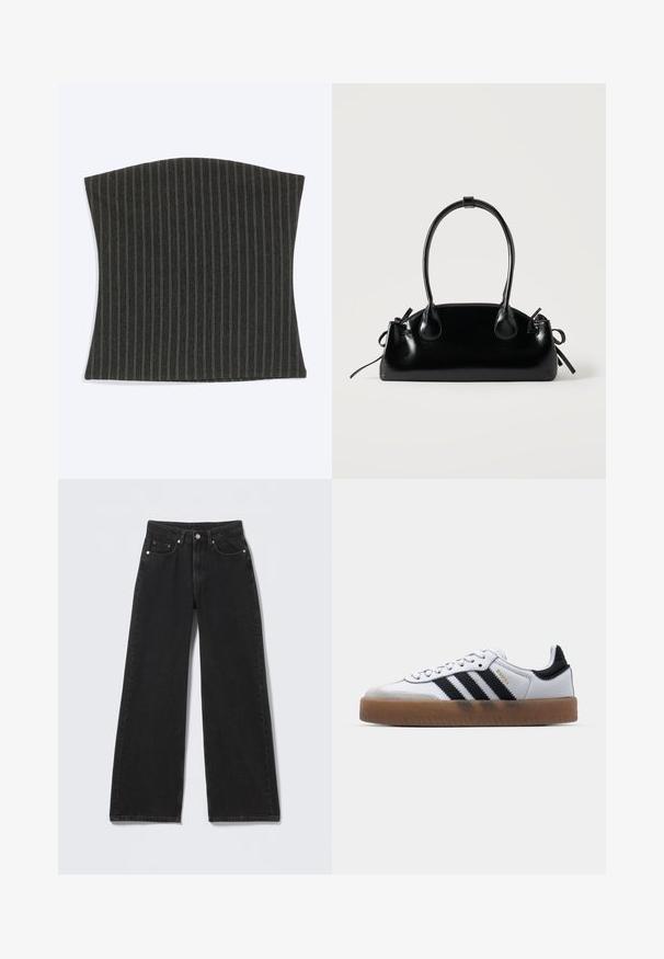 Sort stroptop med hvide lodrette striber, let udsvingede sider, mod en ensartet lysegrå baggrund.; Sorte højttaljede bredbenede jeans med knap- og lynlåslukning foran, bæltestropper og fem forlommer på en lys baggrund.; Hvide lædersneakers med sorte striber, gummirubber sål, rund tå, snørelukning og blød grå ruskinds tåhætte.; Lille sort blank håndtaske med to lange håndtag og snøre-detaljer i siden på en ensfarvet lys baggrund.