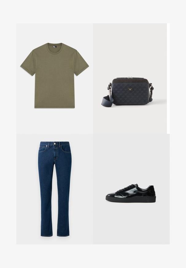 Olivengrünes Baumwoll-T-Shirt, kurze Ärmel, runder Halsausschnitt, gerade geschnitten, weiche Textur, keine Muster, minimalistisches Design, Etikett am inneren Halsausschnitt.; Dunkelblaue Denim-Jeans mit einem schlanken, geraden Bein, klassischem Fünf-Taschen-Design und einem Knopfverschluss am Bund.; Schwarze Lackledersneaker mit runder Zehenform, Schnürdesign, strukturiertem Gummisohle und glatter Oberfläche.; Rechteckige dunkelblaue Umhängetasche mit verstellbarem Riemen, Reißverschluss und subtilem Logomuster auf der Vorderseite.
