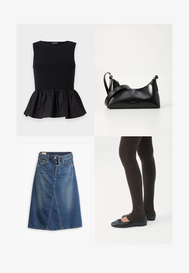 Top negro sin mangas con sección superior acanalada y un fondo de peplum acampanado y recogido. Textura suave con un color sólido en toda su extensión.; Falda de mezclilla en tono azul medio con forma de Línea A, abertura delantera, cinco bolsillos y cierre de botones en la cintura.; Piernas con leggings oscuros acanalados combinados con bailarinas negras que presentan pequeños detalles de lazo sobre un fondo blanco.; Bolso de mano de cuero negro con una textura suave. Cuenta con una correa ajustable y un diseño elegante y minimalista con cierre de cremallera.