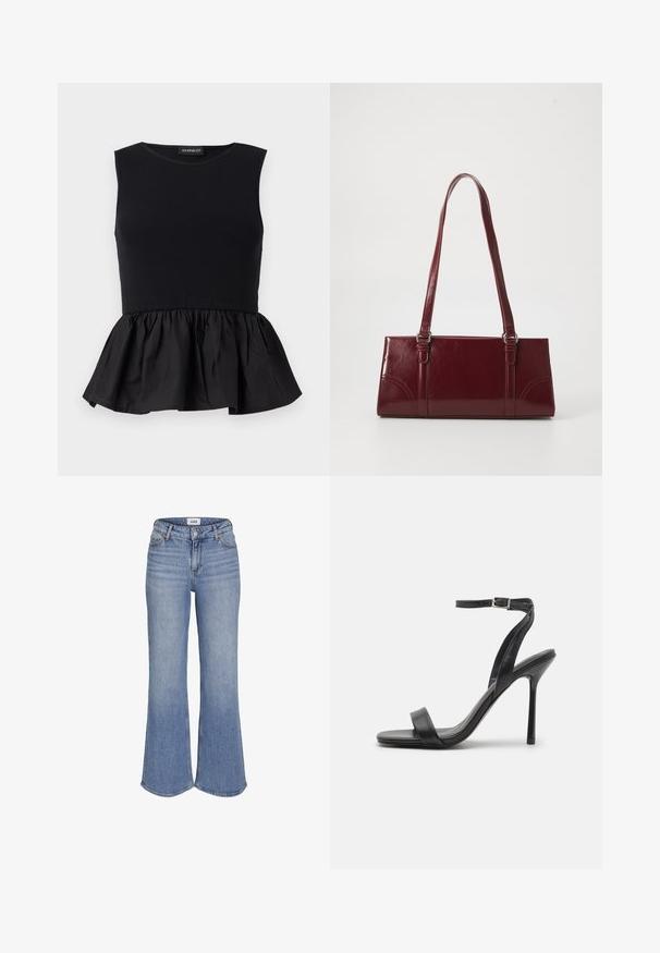 Schwarzes ärmelloses Oberteil mit geripptem oberen Abschnitt und einem ausgestellten, gerafften Peplum-Boden. Glatte Textur in durchgehend einfarbigem Design.; High-Waist, hellblaue Denim-Jeans mit ausgestellten Beinen und vorderer Knopfleiste.; Schwarze High-Heels-Sandalen mit schlankem Knöchelriemen und zwei vorderen Riemen. Aus glattem Leder gefertigt, mit einer eleganten spitzen Zehenform und einem Stiletto-Absatz.; Burgunderfarbene Handtasche aus glänzendem Material, rechteckige Form, mit zwei Schulterriemen und subtilen, geschwungenen Akzenten an der Vorderseite.