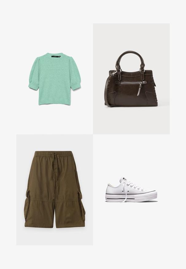Pull vert clair à manches courtes bouffantes avec poignets côtelés, encolure ronde et ourlet côtelé, présenté à plat.; Shorts cargo vert olive en tissu léger. Dotés d'une taille élastique, d'un cordon de serrage et de deux poches cargo latérales.; Baskets basses en toile blanche avec lacets blancs, semelle en caoutchouc, détails à rayures noires, et écusson logo sur la languette et le talon.; Sac à main en cuir marron avec poignées supérieures, poche avant zippée et détails tissés sur les côtés. Texture lisse et forme structurée.