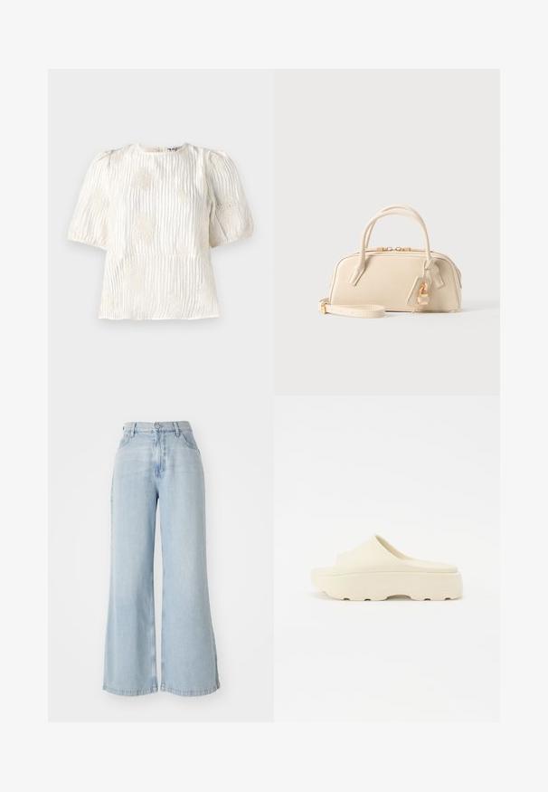 Object OBJZELMA - Top - white sand; Hellblaue, weit geschnittene Jeans aus Denim. Merkmale sind eine hohe Taille, ein Verschluss mit vorderem Knopf und zwei seitlichen Taschen. Abgerissene Textur entlang der Kanten.; Beige Slippersandale mit einer glatten, gummiartigen Oberfläche, runder Zehenpartie, dicker Sohle und strukturiertem Boden für guten Halt. Minimalistisches Design.; Kleine beige Handtasche mit doppelten Griffen, goldenem Reißverschluss und abnehmbarem Riemen, mit einem goldenen Vorhängeschloss-Anhänger auf einfarbigem Hintergrund.
