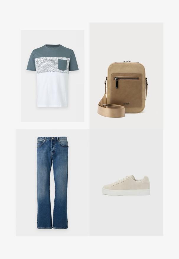Herre t-shirt med korte ærmer med turkis øverste sektion, hvid nederste sektion, mønstret blomsterstribe i midten og turkis brystlomme.; Lyseblå denimjeans med lige ben-design, der har fem lommer, en knap-lukning og diskret falmning på stoffet.; Beige lavt snøresko med snørebånd foran og tyk hvid gummisål på en ensfarvet lysegrå baggrund.; Lille beige crossbody-taske med lynlåslomme foran, metal ALDO-logo, justerbar bred rem og rundet rektangulær form på hvid baggrund.