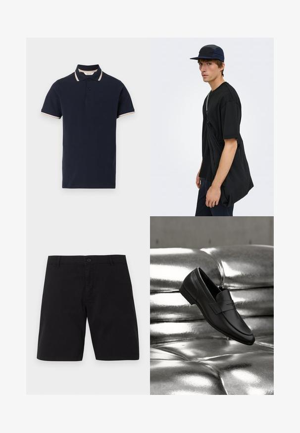 Polo bleu marine à manches courtes avec deux boutons noirs et des rayures beige et blanches sur le col et les bords des manches.; Shorts décontractés noirs avec fermeture par bouton, passants pour ceinture et design simple, présentés sur un fond uni.; Chaussure mocassin en cuir noir positionnée au-dessus d'un coussin capitonné argenté métallique brillant.; Jeune homme portant un t-shirt noir, une casquette bleu marine et noire, et portant un grand sac bandoulière noir sur un fond clair uni.