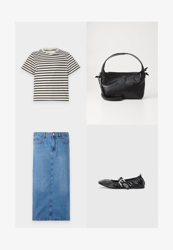 Gestreept T-shirt met een ronde hals, gemaakt van lichte katoen, met gelijkmatig verdeelde zwarte en crèmekleurige strepen, korte mouwen en een relaxte pasvorm.; Denim midi rok in lichtblauw, met een rechte silhouet, zijnaad, en standaard taille met vijf riemlussen en een metalen knoopsluiting.; Zwarte leren platte schoen met een spitse neus, geplooide details rond de opening en een zilveren gespaccentueerde verstelbare band.; Zwarte leren handtas met een gestructureerd ontwerp, een ronde bovenhandgreep en een afneembare schouderriem. Beschikt over een gladde textuur en een subtiele glans.