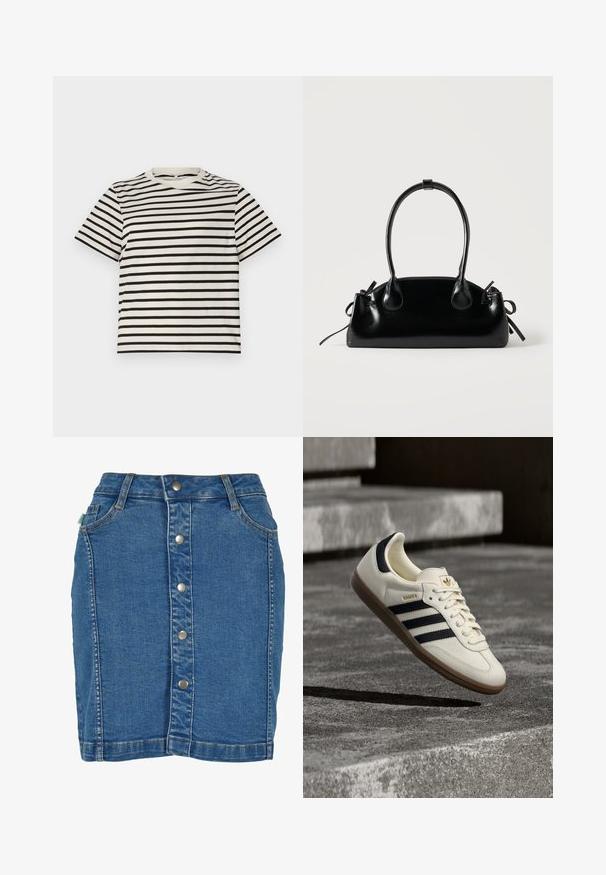 Stripet T-shirt med rund hals, lavet af letvægts bomuld, med jævnt fordelte sorte og cremefarvede striber, korte ærmer og en afslappet pasform.; Denim nederdel med knaplukning foran, tætsiddende design, lys blå farve og diskrete syninger.; Hvid Adidas Samba sneaker med sorte striber og gummsål, svævende over teksturerede grå betonstrin.; Lille sort blank håndtaske med to lange håndtag og snøre-detaljer i siden på en ensfarvet lys baggrund.