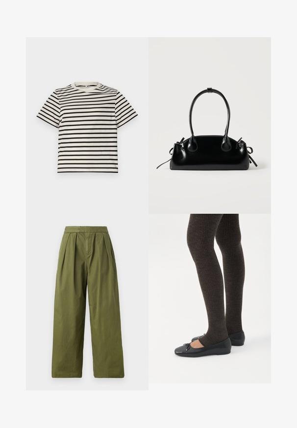 T-shirt à rayures avec un col rond, fabriqué en coton léger, présentant des rayures noires et crème uniformément espacées, des manches courtes et une coupe décontractée.; Pantalons larges en vert olive en tissu léger, avec des plis à la taille et une texture uniforme sans poches.; Jambes portant des leggings côtelés foncés associés à des ballerines noires avec de petits détails en nœud sur fond blanc.; Petit sac à main noir brillant avec deux longues anses et des détails à cordon sur les côtés sur un fond clair uni.