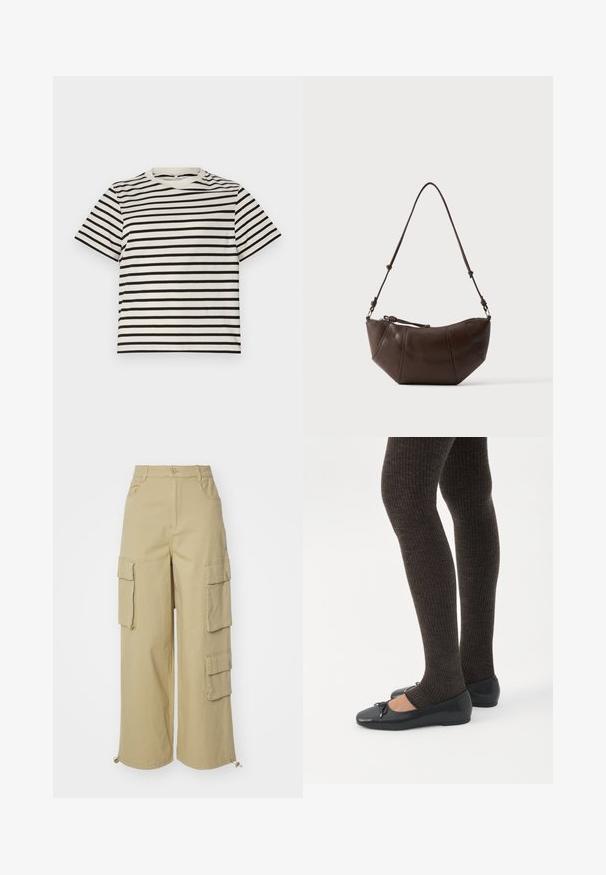 Röstripulise T-särgi ümmargune kaelus, kerge puuvillane materjal, ühtlaselt jaotatud mustade ja kreemjate triipudega, lühikesed varrukad ning mugav lõige.; Bežid cargo püksid, millel on laiad sääred, kaks suurt küljetaskut, ees olevad taskud ja nöördetail alläärel. Puuvilla segu kangas.; Jalad seljas tumedad soonelises soonelises kombines mustade baleriinadega, millel on väikesed paelade detailid valgel taustal.; Pruun nahast õlakott kõverdatud põhjaga ja reguleeritava rihmaga ühevärvsel heledal taustal.