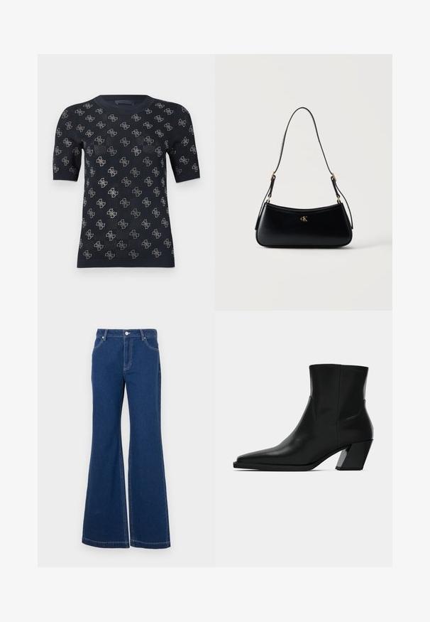 Suéter negro de manga corta con un diseño de punto texturizado que presenta patrones repetidos del logo en plata. Cuello redondo y silueta ajustada.; Jeans acampanados de un azul oscuro, fabricados en denim. Incluyen bucles para cinturón, bolsillos frontales y costuras en contraste. Apertura de pierna amplia.; Bota de tobillo de cuero negro con punta afilada, una silueta elegante y un tacón cuadrado grueso. Textura suave con detalles de costura mínimos.; Bolso de cuero negro para el hombro con forma curva, correa ajustable y logo dorado "cK" en el centro delantero.