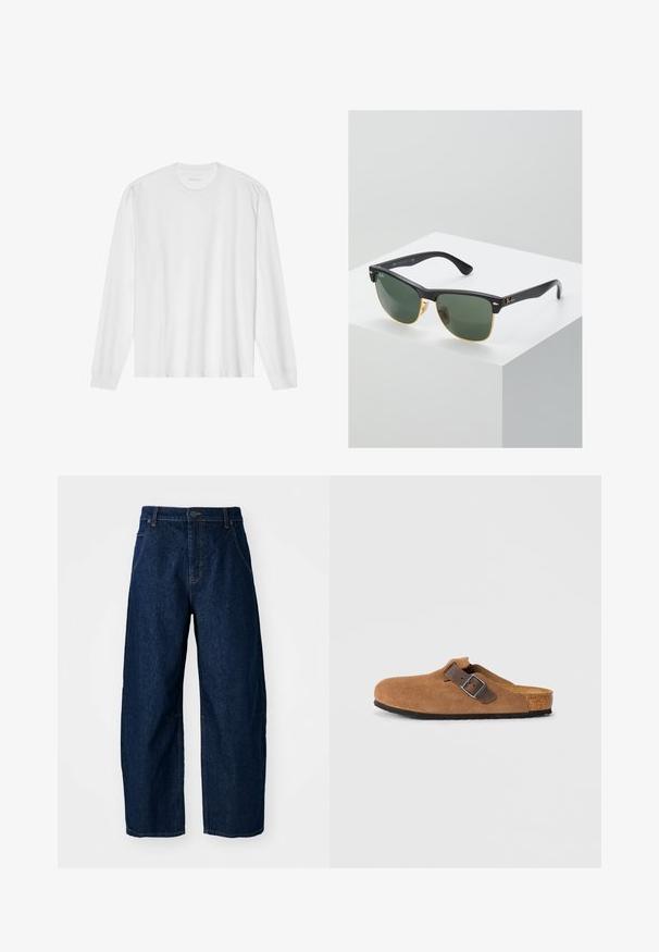 Wit, lang katoen T-shirt met lange mouwen en ronde hals, met geribde manchetten en een rechte zoom, een gladde textuur en een minimalistisch ontwerp.; Wijdvallende donkere spijkerbroek met een hoge taille, voorzien van vijf zakken, een sluiting met een knoop aan de voorkant en zichtbare stikseldetails.; Bruine suede klompen met een verstelbare bruine leren band en zilveren gesp, voorzien van een gevormde kurken voetbed en een gestructureerde rubberen zool.; Ray-Ban zonnebrillen met groene lenzen, zwarte plastic monturen en gouden accenten aan de randen. Vierkante vorm met een matte afwerking.