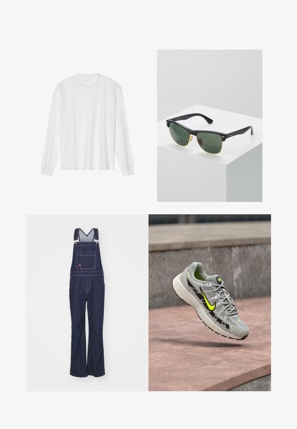 Biele bavlnené tričko s dlhým rukávom a okrúhlym výstrihom, s rebrovanými manžetami a rovný lemom, hladkou textúrou a minimalistickým dizajnom.; Dickies CLASSIC - Džínsy s rovným strihom - rinsed; Sivá bežecká obuv Nike s čiernymi a neónovo žltými akcentmi, visiaca vo vzduchu nad textúrovaným betónovým povrchom.; Slnečné okuliare Ray-Ban so zelenými sklami, čiernymi plastovými rámami a zlatými akcentami na okrajoch. Štvorcový tvar s matným povrchom.