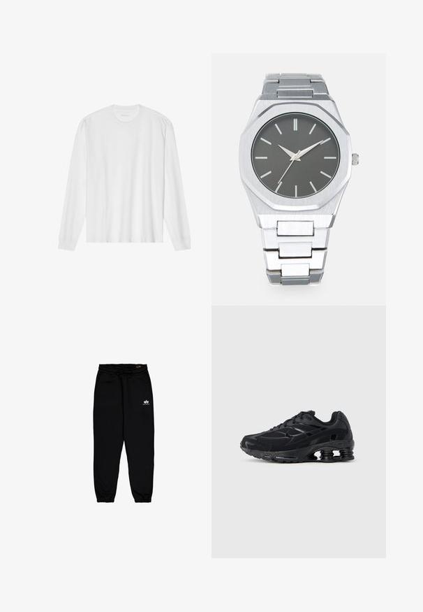 T-shirt blanc en coton à manches longues avec col rond, doté de poignets côtelés et d'un ourlet droit, texture lisse et design minimaliste.; Pantalons de jogging noirs en tissu doux et extensible. Comprend une taille élastique avec cordon de serrage et des poignets élastiques. Petit logo blanc sur la hanche.; Chaussure de sport noire avec une tige en mesh, un col rembourré et une technologie d'amorti proéminente au talon. Caractérisée par des accents texturés et des lacets.; Montre analogique argentée avec un boîtier octogonal, un cadran gris, des index de heures argentés et un bracelet en acier inoxydable. Design minimaliste avec texture lisse.