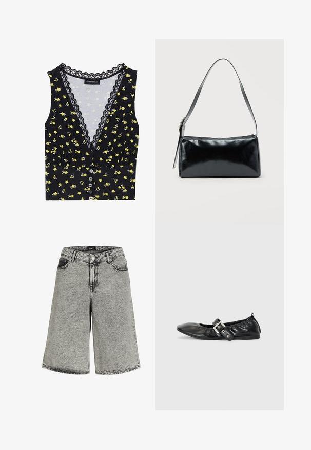 Top negro con patrón floral amarillo, con ribete de encaje en el escote, cierre frontal de botones y un diseño ajustado. Tejido suave con un ligero estiramiento.; Shorts de mezclilla en negro desgastado con un ajuste holgado, que presentan una cintura alta, diseño de cinco bolsillos y un detalle de costura visible.; Zapato plano de piel negra con puntera afilada, detalle fruncido alrededor de la abertura y un acento de hebilla plateada en la correa ajustable.; Bolso de hombro rectangular negro con una correa ajustable y un cierre de cremallera superior sobre un fondo liso.