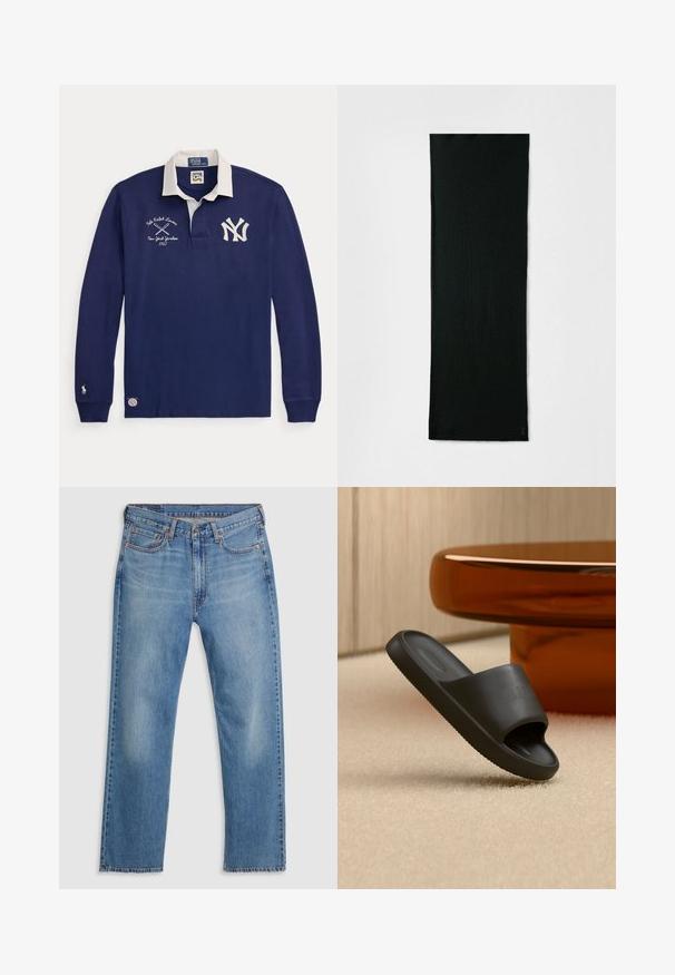 Polo de manga larga azul marino con cuello blanco, logo de los New York Yankees, bates cruzados y marca Polo Ralph Lauren.; Vaqueros de mezclilla azul de pierna recta con cierre frontal de botón y cremallera, trabillas para cinturón y diseño de cinco bolsillos sobre un fondo blanco.; Sandalia negra tipo slide con puntera abierta y suela gruesa colocada sobre alfombra beige cerca de la base redonda de una mesa color ámbar.; Bufanda de punto negra con forma rectangular y textura acanalada. Presenta un pequeño logo en la esquina. Material ligero y flexible.