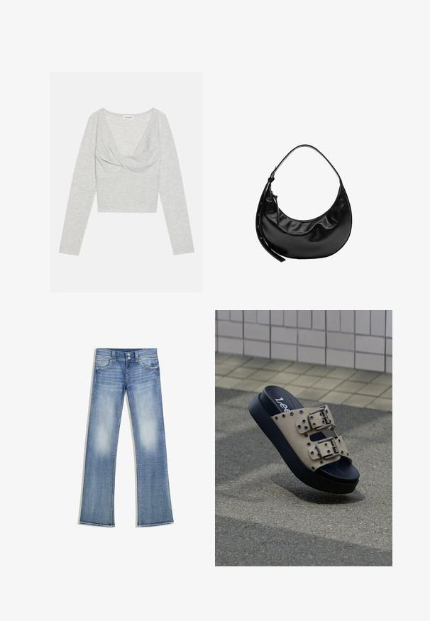 Haut gris à manches longues en tissu doux et texturé. Présente un décolleté en V profond et un design à l'avant tordu. Style court avec des manches ajustées.; Jean bootcut bleu clair à effet délavé, cinq poches, passants pour ceinture et fermeture à double bouton, posé à plat sur un fond blanc.; Sandale à plateforme beige avec semelle noire, deux sangles réglables à boucle et œillets métalliques sur une surface pavée près d'un mur carrelé.; Sac à main en cuir noir en forme de croissant avec une courte bandoulière et une fermeture éclair avec une languette en cuir latérale.