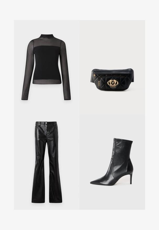 Top negro de manga larga con cuello alto, cuerpo sólido y mangas transparentes, diseño ajustado. Textura suave, estilo minimalista.; Rabanne Vaqueros holgados - black; Botas negras hasta el tobillo hechas de cuero suave, con punta afilada, caña ajustada y tacón alto delgado. Diseño minimalista sin herrajes visibles.; Riñonera de cuero negro acolchada con placa dorada del logo Love Moschino y bolsillo frontal con cremallera sobre fondo blanco.