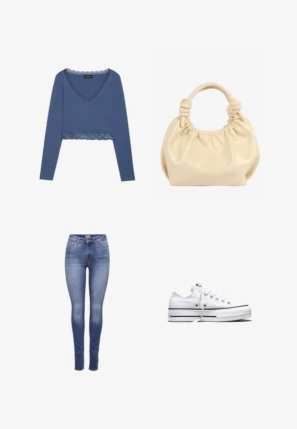 Langsleeve, diepe V-hals top in donkerblauwe katoen, voorzien van kantafwerking bij de halslijn en zoom, cropped ontwerp, zachte textuur.; Blauwe slim-fit damesjeans met een vervaagde wassing, zijzakken, knoopsluiting en riemlussen.; Witte lage canvas sneaker met witte veters, zwarte strepen op de zool en een rubberen, getextureerde neuskap, zijaanzicht op een witte achtergrond.; Handtas van zacht leer in crèmekleur met geraffelde bovenkant en geknoopte dubbele handvatten tegen een witte achtergrond.