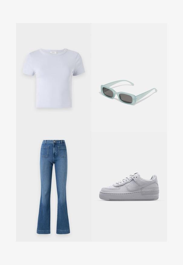 Hellblaue Kurzarm-T-Shirt mit Rundhalsausschnitt, aus weichem Stoff; hat eine figurbetonte Passform und dezente Nähte.; Ausgestellte blaue Jeans aus Denim mit normaler Bundhöhe, ausgestattet mit zwei Gesäßtaschen und einer sauberen Saumlinie. Glatte Textur und klassisches Design.; Graue Nike Air Force 1 Sneaker mit perforierter Zehenpartie, Obermaterial aus glattem Leder, dicker Sohle und geprägtem 'AIR'-Detail an der Ferse.; Ein Paar rechteckige Sonnenbrillen mit lichtblauen, halbtransparenten Rahmen und dunkelgrauen Gläsern, ausgestattet mit geraden Bügeln und minimalen Hardware-Details.