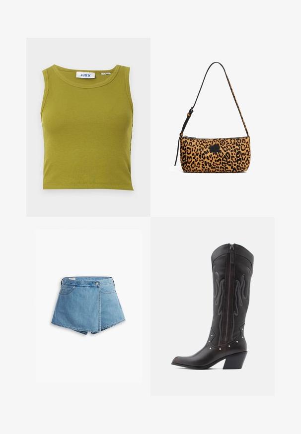 Olivgrünes, geripptes Tanktop mit rundem Ausschnitt und ärmellosem Design. Im Nacken befindet sich ein Etikett mit der Aufschrift "JJXX".; Hellblaue Jeansshorts mit Wickeldesign, Fronttaschen und Metallknopfverschluss. Glatte Textur mit genähten Kanten.; Braune Cowboy-Stiefel aus Leder mit Flammenstickerei, seitlichem Reißverschluss, silbernen Nieten, spitzer Zehenpartie und geschichtetem Absatz.; Handtasche im Leopardenmuster mit Reißverschluss, ausgestattet mit einem schwarzen Ledertrageriemen und einem kleinen Logo-Plakette. Strukturiertes, abgerundetes Design in Beige und Schwarz.