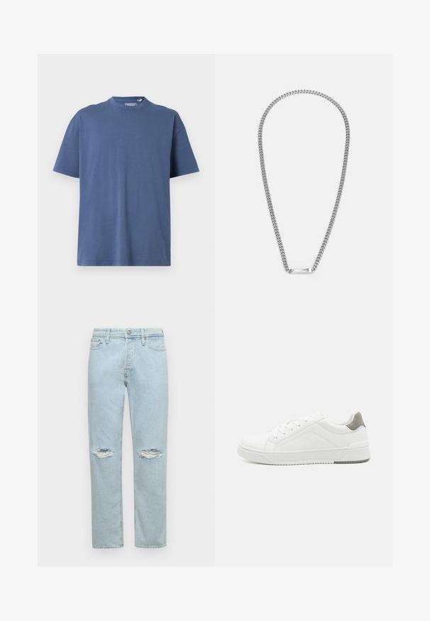 Blaues T-Shirt mit kurzen Ärmeln aus weicher Baumwolle, featuring einen Rundhalsausschnitt und einen lässigen Schnitt, mit minimalen Nähedetails.; Helle blaue Denim-Jeans mit geradem Schnitt, zwei abgeriebenen Kniepatches und klassischem Fünf-Taschen-Design mit Druckknopfverschluss.; Weißer Sneaker aus glattem Leder, runde Zehenpartie, minimalistisches Design, graue Fersenkante und strukturierte Gummisohle.; Silberne Metallkette mit einem flachen, rechteckigen Mittelpunkt. Die Kette hat ein klassisches Design mit miteinander verbundenen Gliedern und einer glatten Textur.