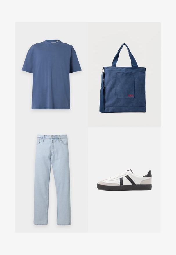 T-shirt bleu à manches courtes en coton doux, avec un col rond et une coupe décontractée, dotée de détails de couture minimaux.; Jean droit en denim bleu clair avec fermeture par bouton et zip à l’avant, passants de ceinture et poches avant sur fond blanc.; Baskets blanches avec des accents noirs et gris, présentant un embout texturé gris, une semelle en caoutchouc noir et des lacets plats blancs. Design épuré, style minimaliste.; Sac fourre-tout en toile bleue avec poche frontale et broderie rouge "O.N.S", doté de doubles poignées et d'une bandoulière réglable.