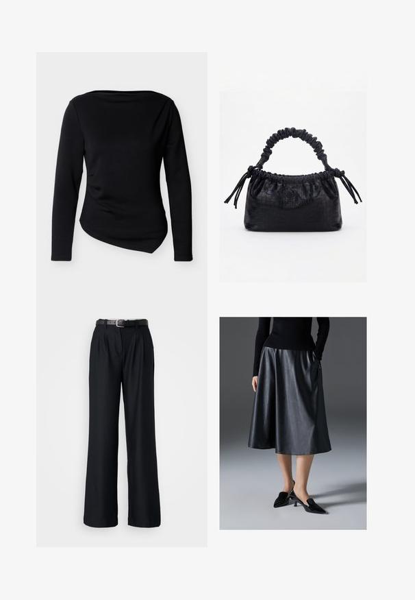 Haut noir à manches longues avec encolure bateau et ourlet asymétrique, présenté sur un fond clair uni.; Pantalons larges noirs en tissu lisse, dotés de plis devant et d'une ceinture noire assortie avec une boucle en argent.; Jupe midi en cuir noir au toucher lisse ; elle dispose d'une taille et de poches latérales. Associée à des chaussures à talons noirs brillantes.; Sac à main noir avec texture crocodile, bord supérieur froncé, poignée plissée et pompons à cordon de chaque côté sur fond blanc.