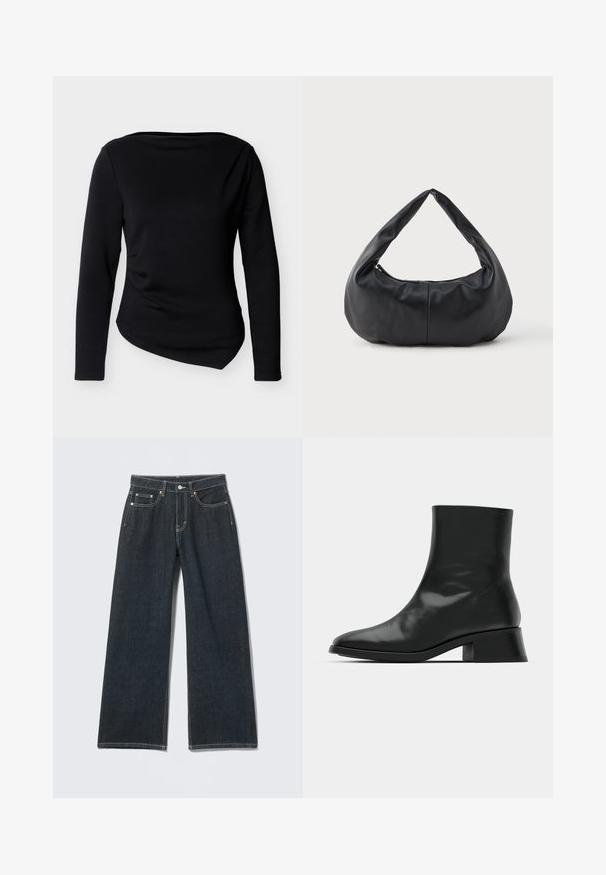 Must long-sleeve t-särk paadikaelusega ja asümmeetrilise äärega, esitletud ühevärvilise hele tausta vastu.; Tumesinised laiade säärega teksad esikinnise, tõmbluku, vööaasa ja viie taskuga, ühtlasel heledal taustal.; Must musta, tehtud läikivast nahast, omades elegantset disaini, teravat varvast ja mõõdukat plokknina, mis tagab stabiilsuse.; Must musta nahkine kuplakott, millel on paks ja pehmendatud sang ning ülemine tõmblukktask.
