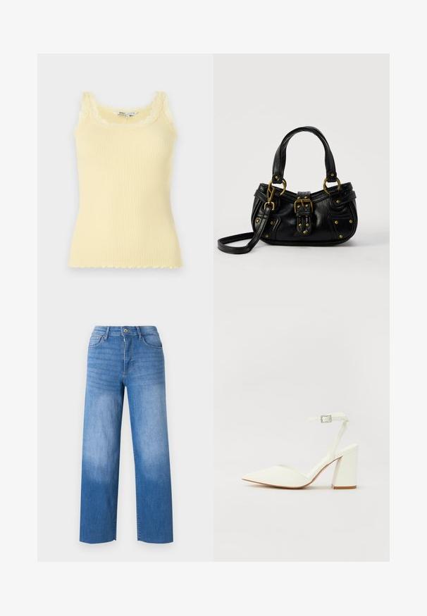 Débardeur jaune à côtes, sans manches, avec un décolleté et un ourlet en dentelle festonnée. Texture douce, design ajusté et matériau léger.; Jean en denim bleu clair à jambe large, avec cinq poches, un zip sur le devant et un léger délavage sur les cuisses. Finitions propres.; Sandale blanche à talon avec un bout pointu, sangle de cheville réglable et un talon carré épais. Texture lisse avec des détails de couture minimaux.; Sac à main en cuir noir avec boucle dorée et détails à rivets, poignées courtes et bandoulière réglable sur fond blanc uni.
