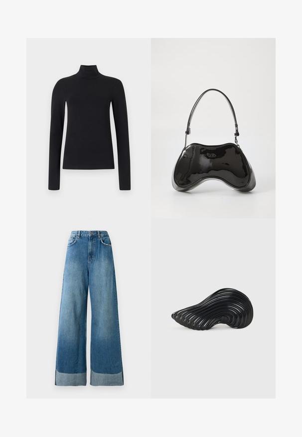 Pull noir à col montant avec des manches longues, en tissu doux. Présente une silhouette ajustée et un design à col haut. Pas de motifs ou d'accents supplémentaires.; Jeans en denim bleu à taille haute et jambes larges avec poches avant, fermeture à bouton, et détails de l'ourlet en décoloration visible.; Melissa QUANTUM - Baskets basses - black; Sac à main en cuir verni noir avec une forme incurvée unique, une anse courte et ajustable, et une fermeture zippée. Texture lisse avec un branding discret.