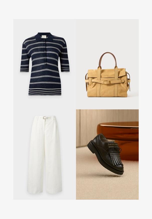 Polo bleu marine à manches courtes avec rayures horizontales blanches et patte boutonnée, texture côtelée et col pointu.; Pantalon blanc à jambes larges avec une taille haute, doté d'une ceinture assortie avec une boucle dorée et des passants de ceinture.; Chaussure en cuir noire à lacets avec franges décoratives et clous métalliques posée sur un tapis beige près d'un meuble marron.; Sac à main en cuir marron clair avec poignées supérieures, détail de sangle à boucle à l'avant et fermeture à rabat sur fond blanc.