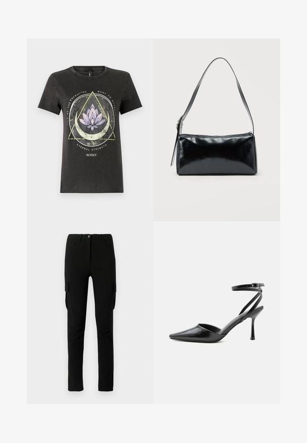 Μαύρο βαμβακερό T-shirt με γραφιστικό σχέδιο που περιλαμβάνει άνθος λωτού, γεωμετρικά σχήματα και κείμενο σε διάφορα χρώματα. Κοντά μανίκια και στρογγυλή λαιμόκοψη.; Μαύρο cargo παντελόνι με στενή εφαρμογή, που διαθέτει πλαϊνές τσέπες, κουμπί κλεισίματος και ομαλή, ελαφρώς υφασμάτινη επιφάνεια.; Μαύρη γόβα μυτερή με λεπτά λουράκια στον αστράγαλο και ασημένια πόρπη σε απλό ανοιχτό φόντο.; Μαύρη ορθογώνια τσάντα ώμου με έναν ρυθμιζόμενο ιμάντα και κλείσιμο με φερμουάρ στην κορυφή σε μονόχρωμο φόντο.