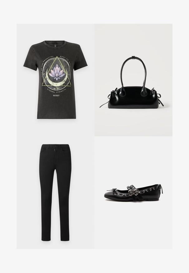 Sort bomulds-T-shirt med grafisk design, der viser en lotusblomst, geometriske former og tekst i forskellige farver. Kortærmet og rund halsudskæring.; Sorte tætsiddende jeans med en glat tekstur, standard femlomme-design, front med lynlås og knaplukning. Ingen synlige mønstre eller detaljer.; Sort flad balletsko med dobbelt spænde, sølvøjer og en lille sløjfe nær den runde tå på en hvid baggrund.; Lille sort blank håndtaske med to lange håndtag og snøre-detaljer i siden på en ensfarvet lys baggrund.