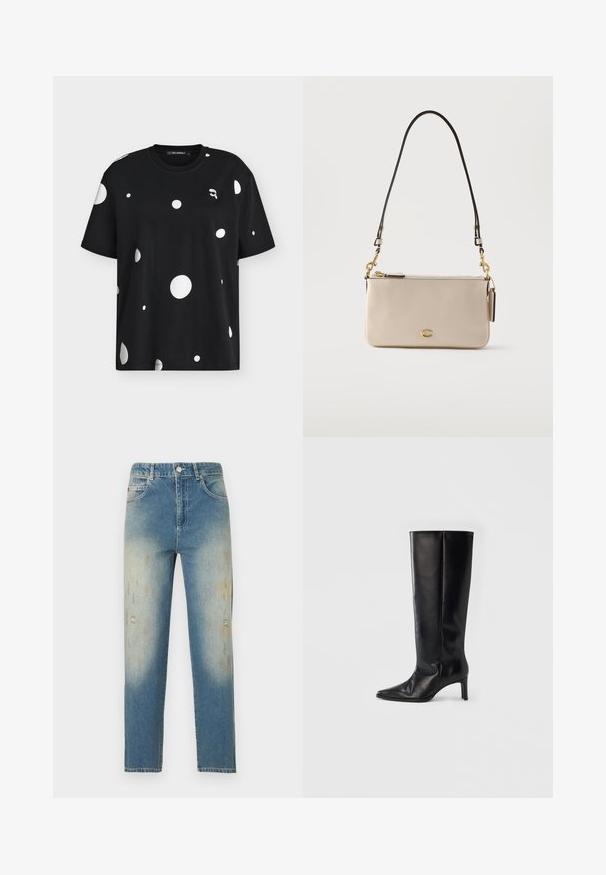 T-shirt noir à manches courtes avec des gros et petits pois blancs dispersés et un petit graphisme blanc d’un visage portant des lunettes de soleil près du col.; Jean droit bleu clair taille haute avec des détails décolorés et usés sur l'avant des cuisses et les genoux.; Bottes noires montantes en cuir lisse, avec un bout pointu et un talon fin, une tige ajustée et un design minimaliste.; Sac à bandoulière rectangulaire en cuir beige avec une fermeture éclair dorée, un petit logo doré, et une sangle noire réglable avec des fermoirs dorés.