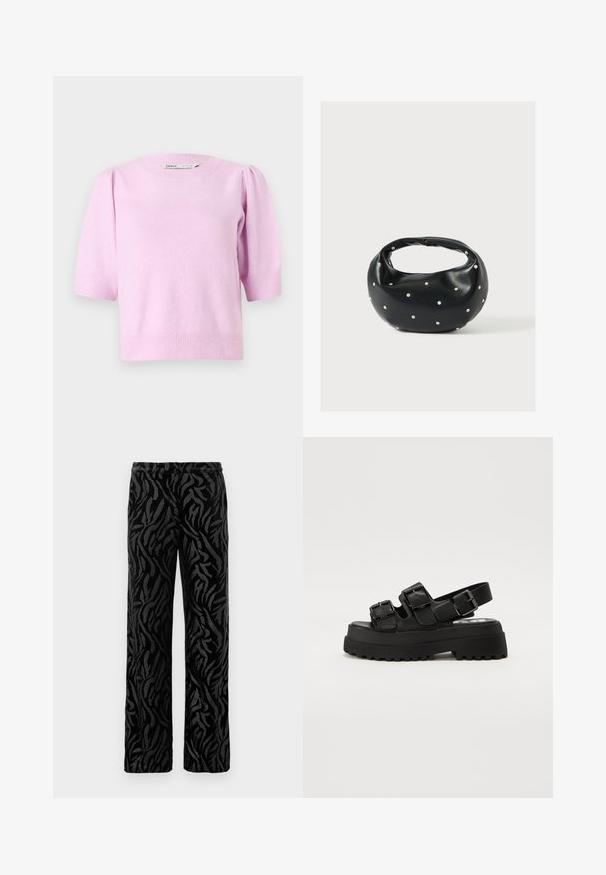 Suéter rosa de manga corta con escote redondo, puños acanalados y una textura suave, con sutiles detalles en forma de volantes en los hombros.; Pantalones negros con un patrón texturizado y en espiral. Fabricados con un material suave, tienen un corte de pierna recta y una cinturilla elástica para mayor comodidad.; Sandalias de plataforma negras con tres correas ajustables de hebilla, una suela texturizada y una parte superior suave. Diseñadas con una silueta robusta y gruesa.; Bolso de mano de cuero negro con forma redondeada, decorado con detalles de tachuelas plateadas y un asa corta. Textura lisa y cierre con cremallera.