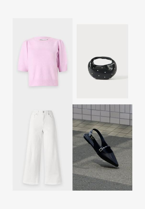 Lyserød kortærmet sweater med rund halsudskæring, ribbede manchetter og en blød tekstur, med subtile puffdetaljer på skuldrene.; Hvide vidde bukser lavet af denim, med høj talje, fire lommer og rå kant i bunden for tekstur.; Sort flad slingback med spids tå og dobbelte spænder, hvilende på grå asfalt nær flisevæg.; Sort læderhåndtaske med en rundet form, dekoreret med sølvnitter, og et kort håndtag. Glat tekstur og lynlåslukning.