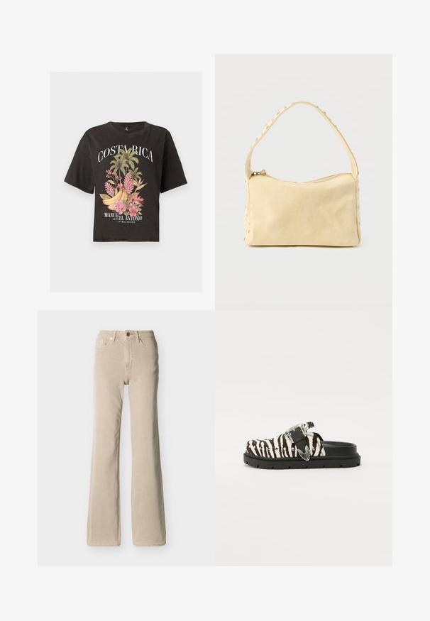 T-shirt court noir avec le texte « Costa Rica », des palmiers tropicaux, des bananes, des fleurs roses et « Manuel Antonio Central Pacific » sous le design.; Jean beige taille haute avec bouton et fermeture éclair à l'avant, cinq poches, et une jambe légèrement évasée sur un fond uni.; Chaussure à enfiler à motif zèbre noir et blanc avec une épaisse semelle noire, mise en valeur par une boucle décorative en argent et des accents cloutés.; Petit sac à main en cuir beige avec une seule bandoulière et des clous argentés le long des bords et de la bandoulière, posé sur un fond uni.