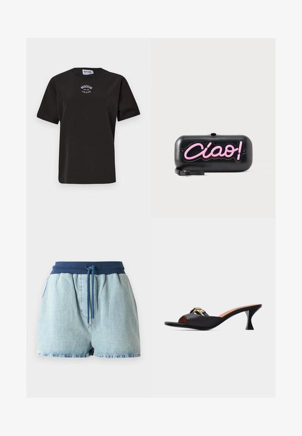 Čierne bavlnené tričko s krátkymi rukávmi, s okrúhlym výstrihom a bielym vyšívaným logom "Moschino Jeans" na hrudi.; Svetlomodré džínsové šortky s elastickým námorníckym pásom. Obsahujú šnúrku s kovovými striebornými koncami a majú voľný strih.; Čierne otvorené šľapky s nízkym podpätkom typu kitten a zlatým reťazovým detailom na hornej časti, zobrazené z bočného profilu na bielom pozadí.; Čierna obdĺžniková kabelka s ružovým neónovým nápisom "Ciao!" a malým čiernym remienkom na zápästie na bielom pozadí.