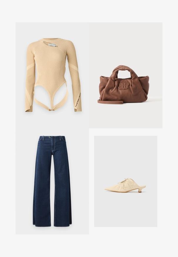 Feng Chen Wang DECONSTRUCTED LOGO - Camiseta de manga larga - beige; Jeans de pierna ancha en azul oscuro con costuras visibles, bolsillos delanteros y cierre de botón. Hechos de una tela de denim resistente.; Zapato de piel color crema tipo slip-on con puntera afilada, detalles fruncidos en la parte delantera y un tacón corto y cuadrado.; Bolso de mano de cuero marrón suave con asas cortas, un logo cosido en la parte delantera y una correa larga desmontable sobre un fondo claro y liso.