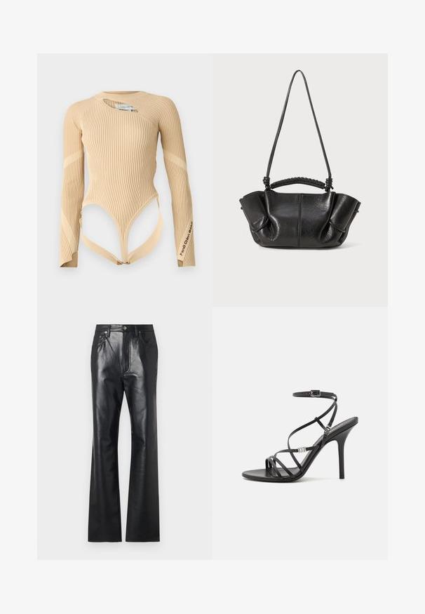 Feng Chen Wang DECONSTRUCTED LOGO - Langarmshirt - beige; Schwarze Lederhose mit glatter Textur, ausgestelltem Bein design, Frontreißverschluss und Gürtelschlaufen. Mit dezenten Steppnähten.; Schwarze High-Heel-Sandale mit dünnen Riemen, einem Knöchelverschluss, einer glatten Lederoberfläche und einem schlanken Stiletto-Absatz.; Schwarze Lederhandtasche mit strukturierter Oberfläche, sanften Falten, doppelten Trägern und geflochtenen Griffdetails. Kompakt, mit einteiliger Oberkante.