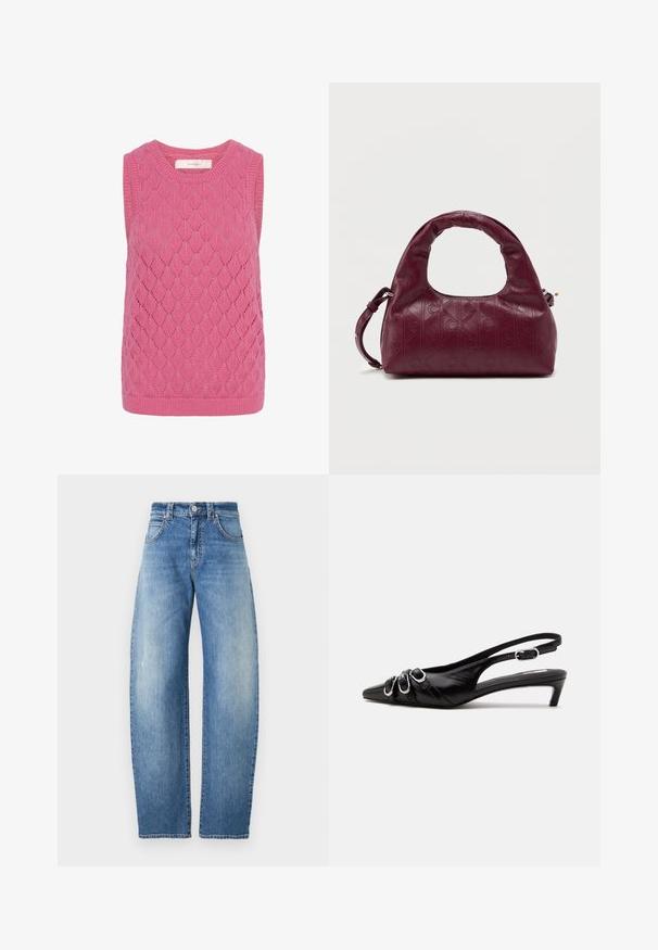 Roze mouwloos gebreid vest met diamantvormig kabelpatroon en geribbelde kraag en zoom.; Lichtblauwe recht gesneden jeans met een hoge taille, klassiek vijfzakken ontwerp en subtiele vervaging. Gemaakt van denim met een soepele textuur.; Zwarte leren slingback schoen met puntige neus, drie zilveren gespen aan de voorkant en lage kittenhak op witte achtergrond.; Bordeaux leren handtas met een afgeronde handgreep, reliëf diamantpatroon, afneembare schouderband en subtiele gouden hardwareaccenten.