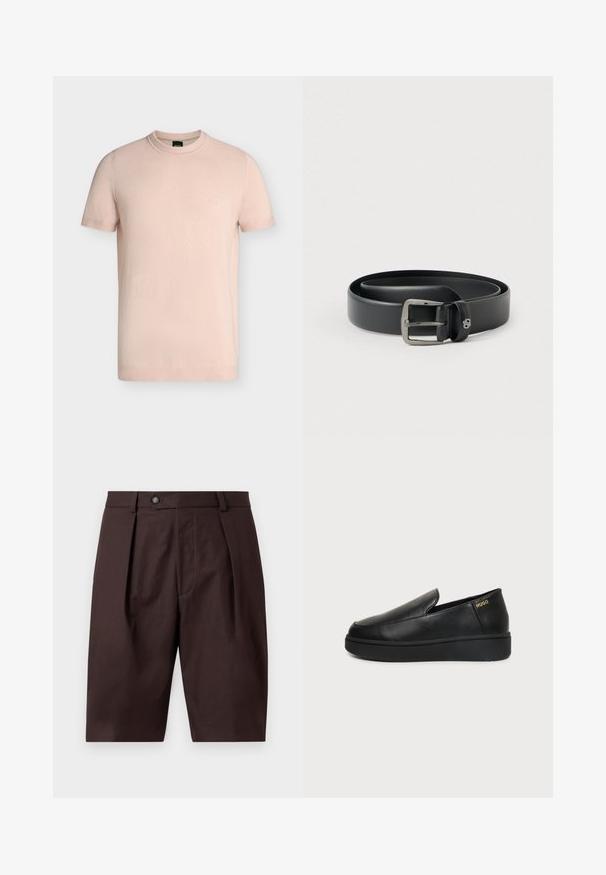 T-shirt rose clair à manches courtes et col rond avec logo "BOSS" brodé sur la poitrine gauche.; Shorts marron sur mesure longueur genoux avec plis devant, passants de ceinture et fermeture par bouton sur un fond uni clair.; Chaussure noire en cuir à enfiler avec semelle épaisse et petits trous de ventilation latéraux, avec un logo doré "HUGO" près du talon.; Ceinture en cuir noir avec une boucle en métal argenté brillante, texture lisse et bords cousus. Dispose d'une boucle pour fixer l'extrémité de la ceinture.