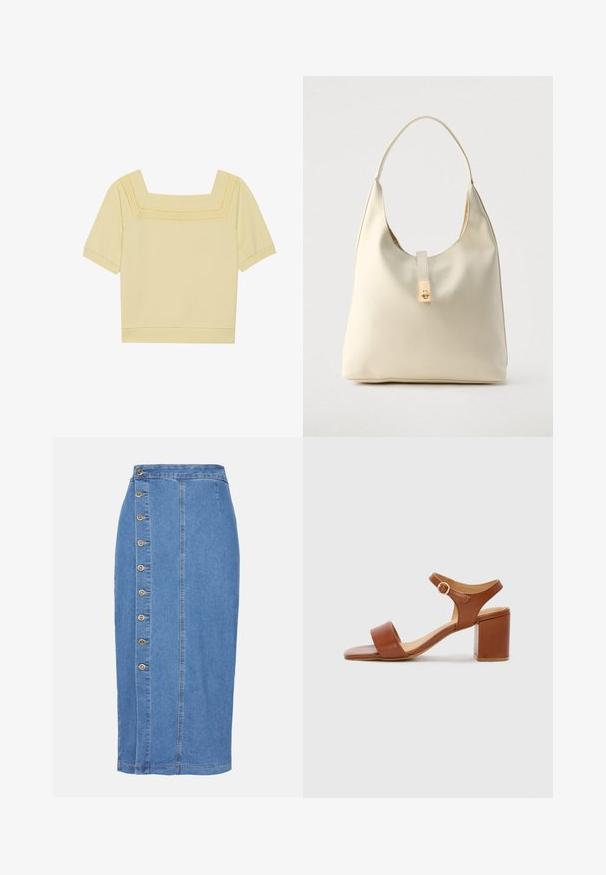 Top à manches courtes et décolleté carré en coton jaune clair, avec un détail tricoté texturé le long de l'encolure et une coupe décontractée.; Jupe midi en denim bleu clair avec une fermeture à boutons sur le devant, sept boutons métalliques et une silhouette droite avec un ourlet en dessous du genou.; Sandale à talon en cuir marron avec un bout carré, une bride de cheville ajustable et un talon carré. Texture lisse et design minimaliste.; Sac hobo en cuir couleur crème avec une seule bandoulière, texture lisse et un détail de fermoir doré à l'avant.
