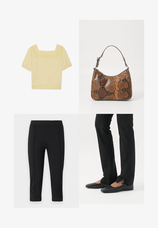 Top à manches courtes et décolleté carré en coton jaune clair, avec un détail tricoté texturé le long de l'encolure et une coupe décontractée.; Pantalons capri noirs en tissu extensible avec une texture lisse, présentant une taille ajustée et des détails de coutures sur le devant.; Jambes vêtues d’un pantalon slim noir avec des fentes à l’avant de l’ourlet, assorties à des chaussures plates Mary Jane noires avec une petite bride à boucle.; Petit sac à main avec un motif en peau de serpent marron et noir, courroie courte et ajustable, et fermeture éclair.