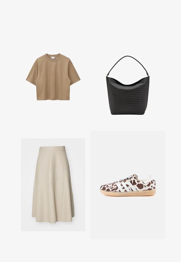 T-shirt court beige à manches courtes avec col rond, coupe décontractée et petite étiquette blanche au niveau du col.; Jupe midi beige en A avec coutures visibles et taille ajustée, réalisée en matériau lisse imitation cuir.; Baskets marron et blanches avec un motif imprimé vache, arborant trois bandes blanches, des lacets bleu clair et une semelle en caoutchouc naturel.; Sac à main en cuir noir avec texture tissée et une seule bandoulière, forme seau avec bord supérieur légèrement affaissé.