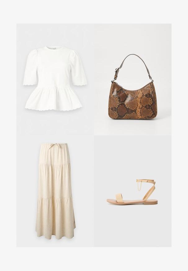 Hvid bluse med pufærmer til albuerne, indsnæret talje og bølget kant på ærmer og nederkant, vist på en ensfarvet baggrund.; Beige maxi-nederdel i lag med elastisk talje og snøre, med et flydende, opsamlet stofdesign.; Beige flad sandal med en enkelt bred rem, ankelrem med spænde og dekorativ kæde detalje. Glat læderlignende tekstur og flad sål.; Lille håndtaske med brun og sort slangeskinn mønster, kort justerbar rem og lynlåslukning.