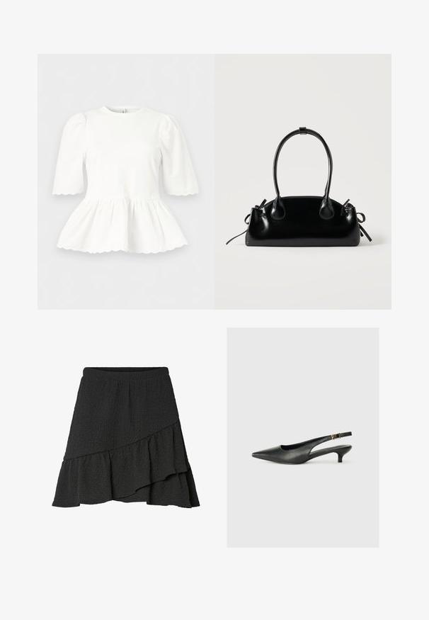 Blouse blanche avec manches bouffantes mi-longues jusqu'au coude, taille froncée et bords festonnés aux manches et à l'ourlet, présentée sur un fond uni.; Jupe portefeuille noire à texture, avec ourlet asymétrique à volants et taille élastique.; Chaussure slingback noire à bout pointu en cuir lisse. Présente un talon fin et un détail de boucle sur la sangle réglable.; Petit sac à main noir brillant avec deux longues anses et des détails à cordon sur les côtés sur un fond clair uni.